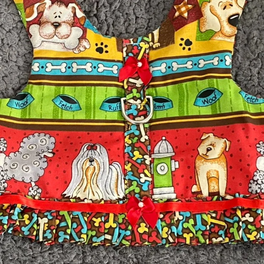 NEW- DOG PRINT ON BROWN small dog harness w-ruffle handmade
